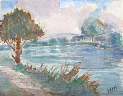 Trees and Pond Landscape painted Freehand