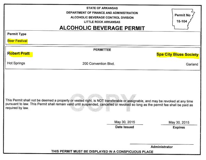 Bad Arkansas Alcoholic Beverage Control Division HOT SPRINGS PROMOTER
