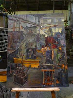 Oil painting of blacksmith in the Australian Technology Park, Eveleigh Railway Workshops painted by industrial heritage artist Jane Bennett