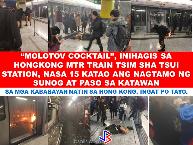 At least 15 people are injured in blaze as man attempts to throw "Molotov cocktail" , a bottle filled with gasoline or any highly flammable liquid, on Hong Kong MTR Train in a rush hour. A video captured after fire breaks out on board the train at TST Station on Friday evening 10 Feb 2017 shows the extent of the blast.    According to police, an initial information shows  that there were flames and smoke on board the train at the Tsim Sha Tsui Station at 7.14pm,. “A man tried to hurl a lit Molotov cocktail (petrol bomb) on board a packed train when it was about to reach TST platform and he caught fire,” the police said.  The  Chinese man who sustained severe burns was escorted by police to Queen Elizabeth Hospital after the incident. “Extra travelling time can be expected on the Tsuen Wan Line. Please allow more time for travel. More details to follow,” the MTR said in a statement on their official website.  They  said that no trains would be  stopping at Tsim Sha Tsui MTR station because of the incident.  “MTR staff are handling the situation,” MTR said. About thirteen ambulances were mobilised. Four of the injured were sent to Kwong Wah Hospital, one was sent to Caritas Medical Centre, and another was sent to Queen Elizabeth Hospital.    Police anti-terrorism officers, who were recently deployed to patrol the city’s railway network for the first time to beef up security in response to global terrorist attacks, have been sent to the scene.  Trains from Central to and from Tsuen Wan station will be operating at five minute intervals.    “A free MTR shuttle bus service is operating between Tsim Sha Tsui Station and Yau Ma Tei Station, through Jordan Station; or please consider using other transport,” the MTR said.  ***WARNING: Graphic images.    According to the reports, the first carriage of the train caught fire, which has been put out later. Interior designer Ray Chau, 27, said he was originally travelling to Mong Kok when he heard the captain announce that all passengers would have to get off at Tsim Sha Tsui Station. “I saw [fire] two compartments away, there was a lot of smoke because ... smoke in one compartment quickly filled the entire train.“That train journey felt particularly long,” he said. “There was nothing we could do but to inhale the smoke.” “One minute we were all playing with our phones, the next there was smoke everywhere. “Some people thought there was an explosion, many people were screaming.” He recalled seeing a burned victim upon on the platform. Source: http://shanghaiist.com RECOMMENDED: ON JAKATIA PAWA'S EXECUTION: "WE DID EVERYTHING.." -DFA  BELLO ASSURES DECISION ON MORATORIUM MAY COME OUT ANYTIME SOON  SEN. JOEL VILLANUEVA  SUPPORTS DEPLOYMENT BAN ON HSWS IN KUWAIT  AT LEAST 71 OFWS ON DEATH ROW ABROAD  DEPLOYMENT MORATORIUM, NOW! -OFW GROUPS  BE CAREFUL HOW YOU TREAT YOUR HSWS  PRESIDENT DUTERTE WILL VISIT UAE AND KSA, HERE'S WHY  MANPOWER AGENCIES AND RECRUITMENT COMPANIES TO BE HIT DIRECTLY BY HSW DEPLOYMENT MORATORIUM IN KUWAIT  UAE TO START IMPLEMENTING 5%VAT STARTING 2018  REMEMBER THIS 7 THINGS IF YOU ARE APPLYING FOR HOUSEKEEPING JOB IN JAPAN  KENYA , THE LEAST TOXIC COUNTRY IN THE WORLD; SAUDI ARABIA, MOST TOXIC  "JUNIOR CITIZEN "  BILL TO BENEFIT POOR FAMILIES