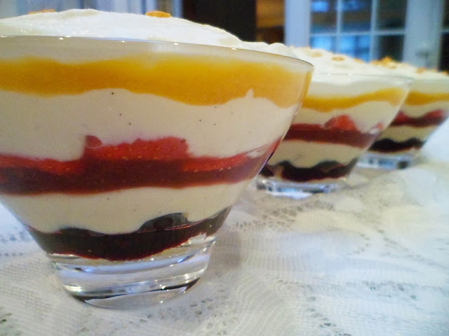 blueberry, strawberry and peach trifle
