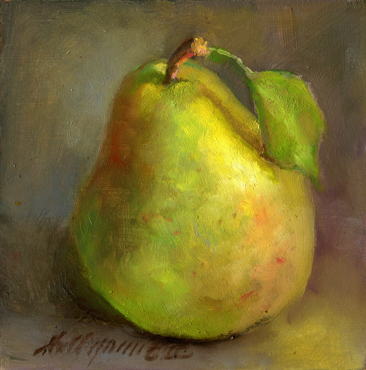 Bartlett Pear, Classical Fruit Painting 6"x6" Original Oil panel HALL GROAT II | Purchase Oil ...