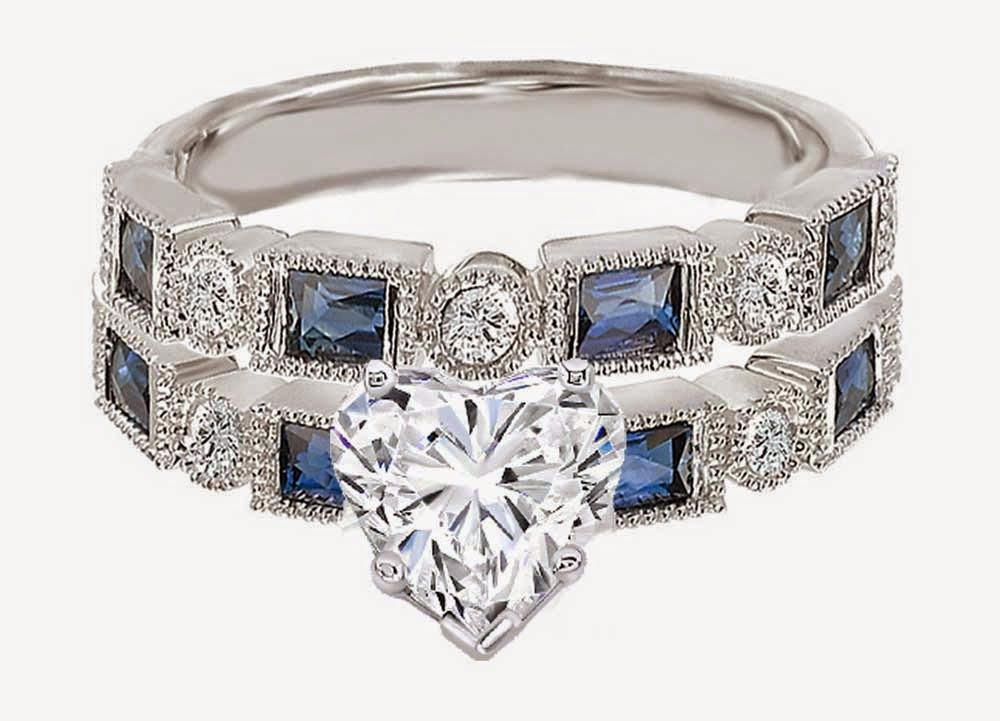 Matching Blue Diamond Wedding Ring Sets Heart Shaped Titanium