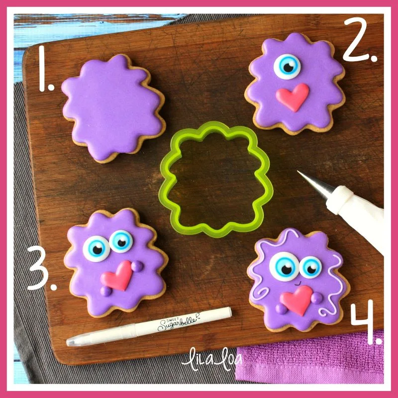 Step-by-step cookie decorating tutorial for love monster decorated sugar cookies