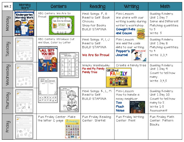 Lesson plans for half day kindergarten including morning work, centers, writing, and math. 