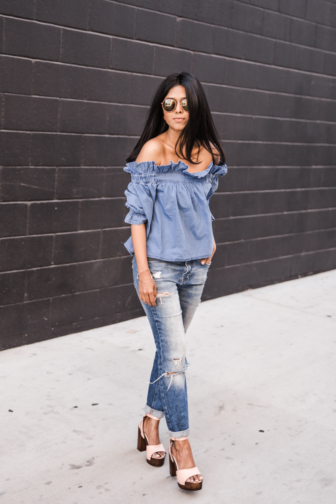 INSTANTFUNK★Denim Off-Shoulder★おしゃれ 夏ファッション Off-the-shoulder-ruffletop-