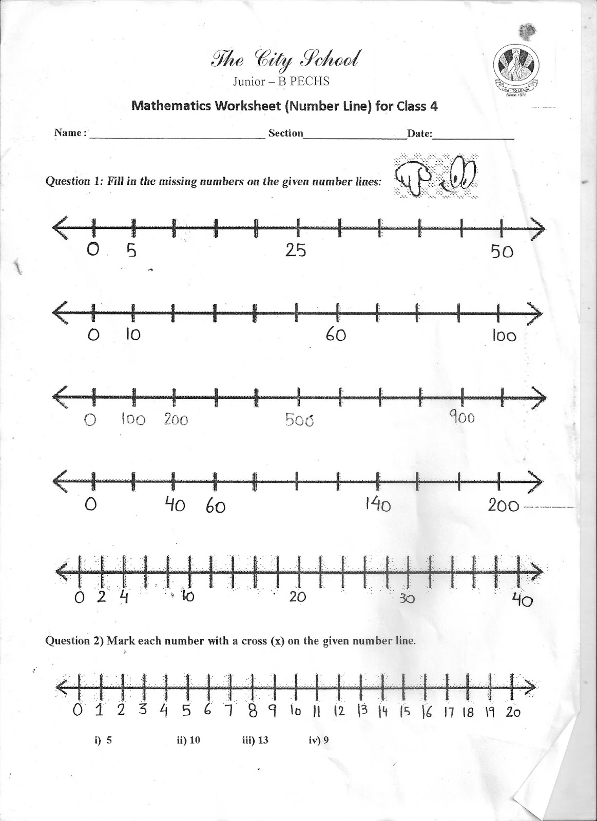 The City School Mathematics Grade 4 Numberline Worksheet