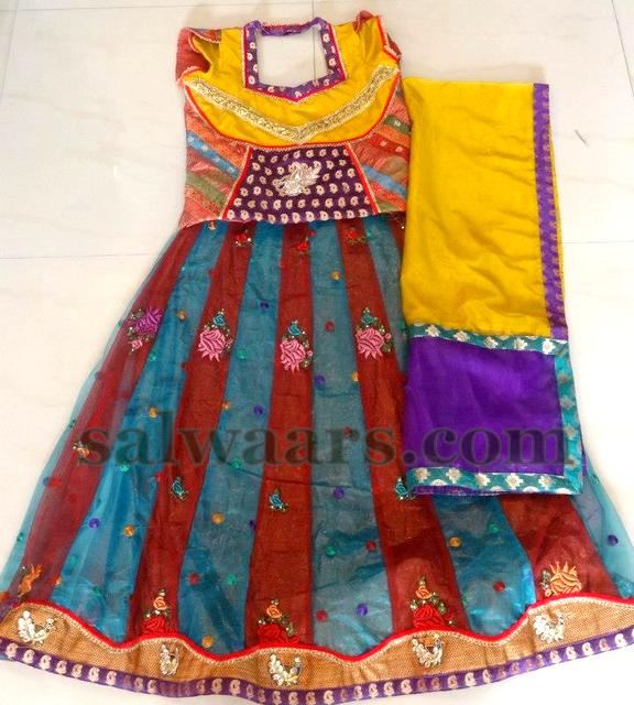 Multi Color Patches Kids Pavada - Indian Dresses