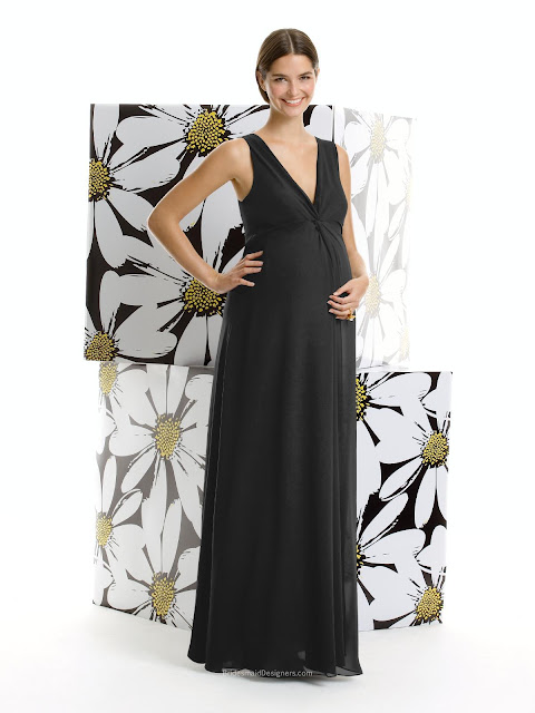 Traditional Black V-neck Sleeveless Empire Floor Length Pleated Maternity Bridesmaid Dress