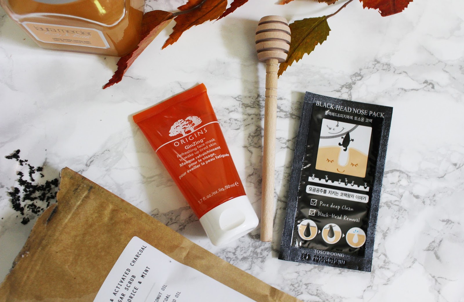 pamper evening, autumn night in, sister and co scrub, fall beauty, autumn beauty, origins ginzing, blackead remover, diptyque roses, laura mercier bath and body creme brûlée,  