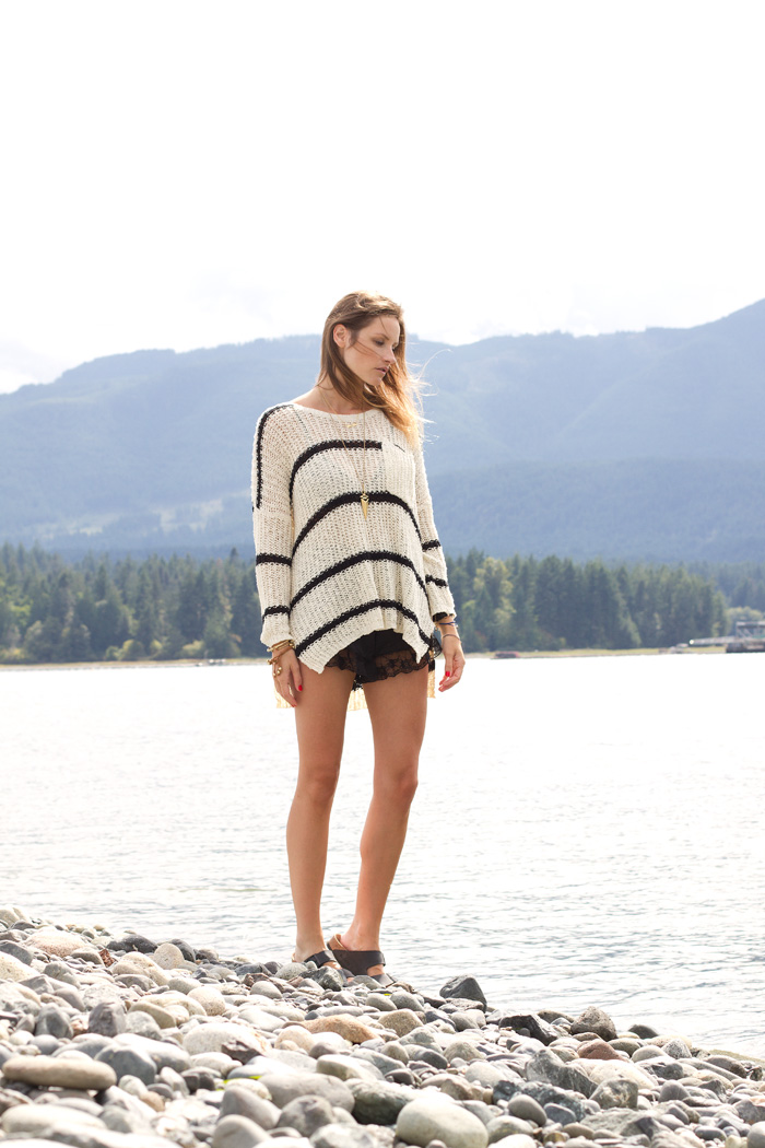 Vancouver Fashion Blogger, Alison Hutchinson, is wearing a Free People sweater, Urban Outfitters lace shorts, birkenstock black sandals, Sam Edelman Necklace and Daniel Wellington Watch