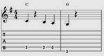 Tablatur over basløbet fra C til G akkorden