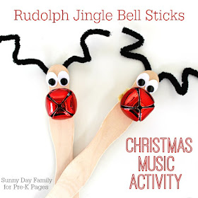 Rudolph Jingle Bell stick craft using craft sticks or popsicle sticks, small jingle bell and pipe cleaners for antlers