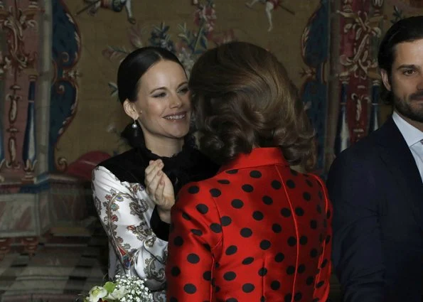 Queen SIlvia and Prince Carl Philip at Lunch. Princess Sofia Hellqvist wore Philosophy by Lorenzo Serafini casual dress