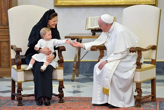 Princess Madeleine of Sweden, Christopher O'Neill and their daughter Princess Leonore, Queen Silvia of Sweden attends a meeting with Pope Francis