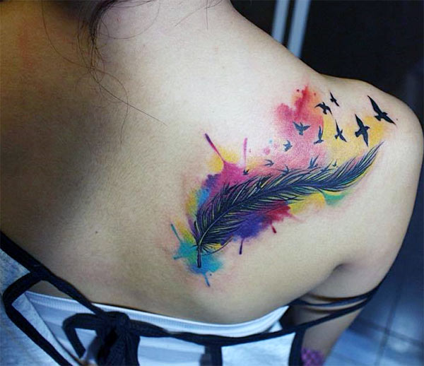 The best colorful feather tattoo birds flying out lovely ink tattoo design on the back of the right shoulder make girls attractive