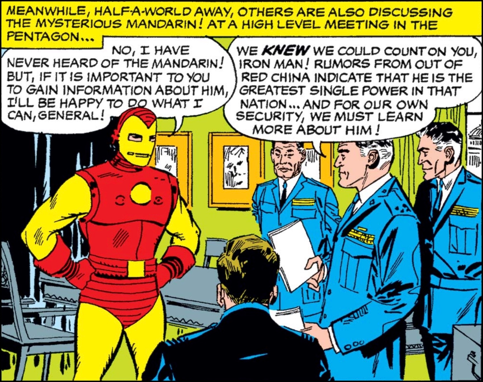 Iron Man and military officials discussing The Mandarin in a room sporting green walls and curtains