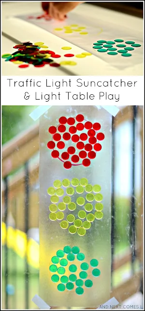 Transportation themed light table activity for kids & a traffic light suncatcher craft from And Next Comes L
