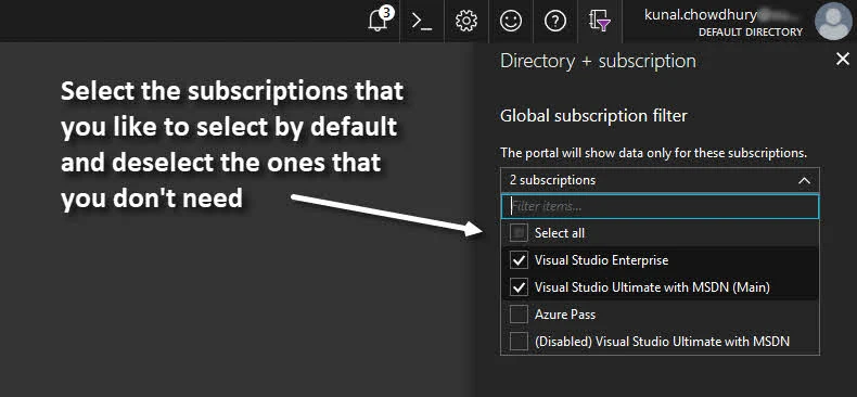 Microsoft Azure Global Directory and Subscription Filter Panel