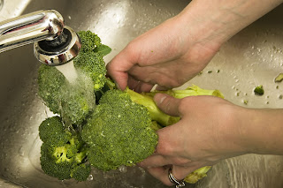 woman washing broccoli in kitchen sink