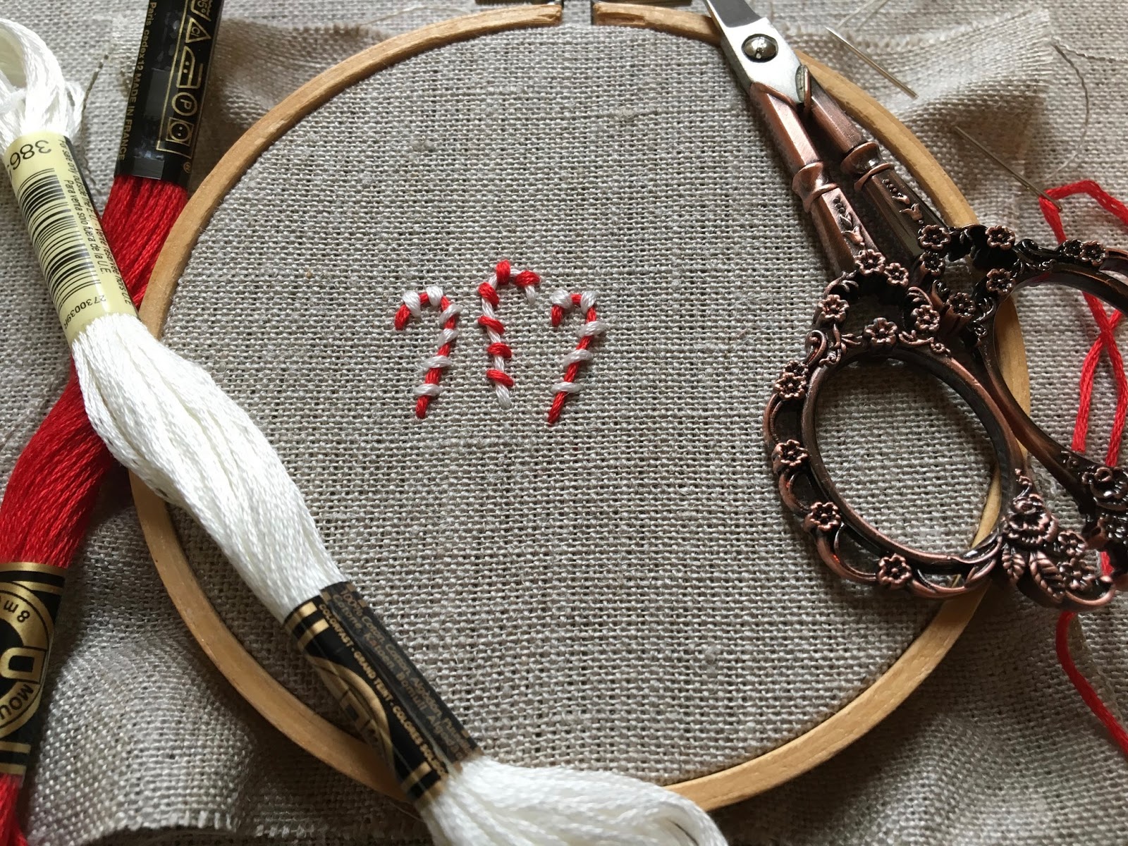 couched candy canes embroidered candy cane