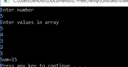All C Programs: Program 195:To print Sum of numbers in array usng Pointers