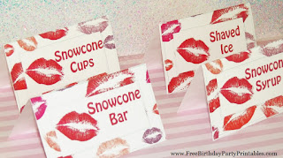 Free Lipstick Kisses Birthday Party Printables- Food Cards. Flag Bunting Banners, Cut Outs, Cupcake Toppers