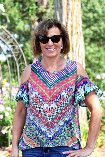 McCall's 7510 cold shoulder top made from a Mood Fabric's print