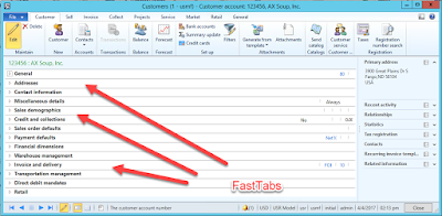 Screenshot of horizontal FastTabs in Customer record form.