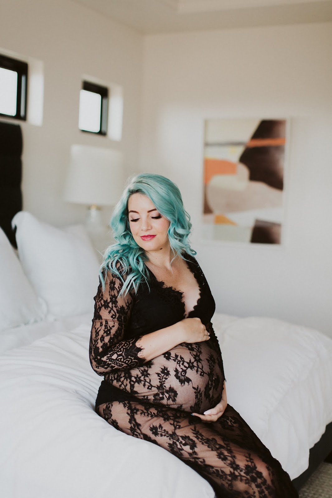 At Home Maternity Shoot, Lace Maternity Dress