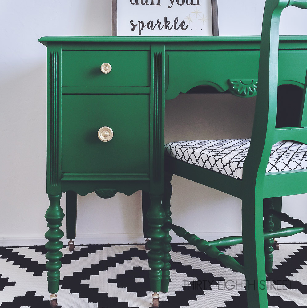 emerald green desk, gold hardware, reupholstered chair, before and after, painted desk, refinished desk, desk makeover
