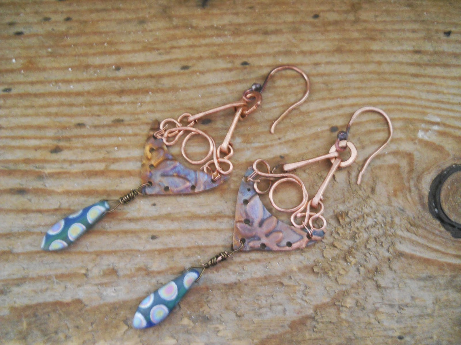 flame painted copper shield earrings