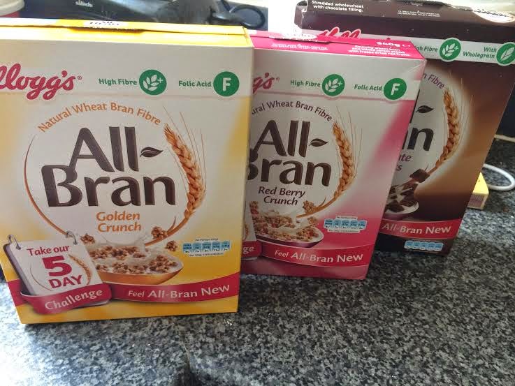 three boxes of All-Bran cereal 