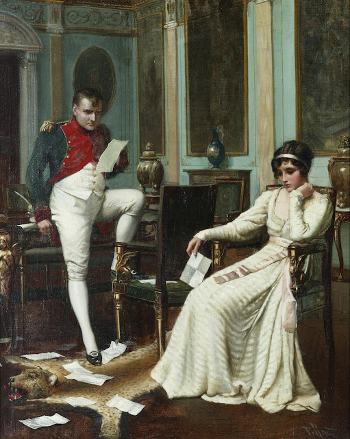 Napoleon and Josephine by Harold H. Piffard, c.1895. The painting show the couple reading letters, which are strewn on the floor. He's leaning on the desk with one foot on a chair. Holding a leaf of paper the expression on his face is one of anger and disappointment. Josephine is seated leaning her head in one hand and she looks extremely sad.