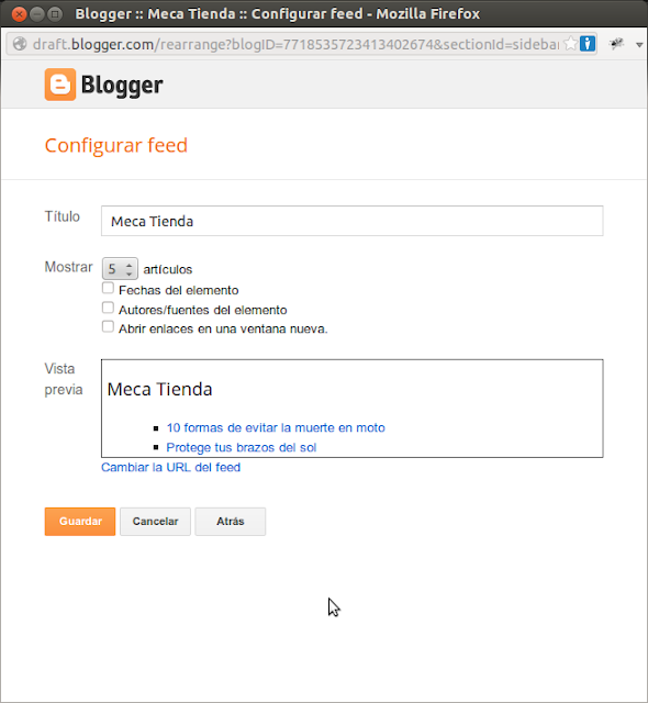 El feed RSS nos permite configurar algunos parametros