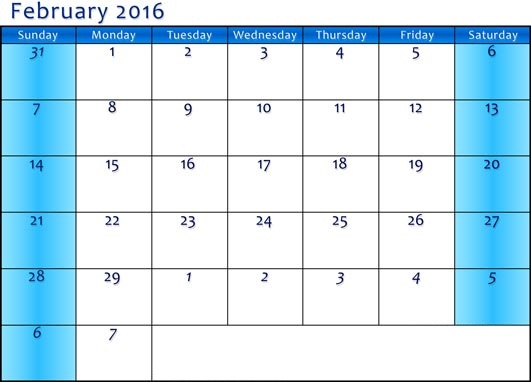 February 2016 Calendar with Holidays[USA, UK, Canada]