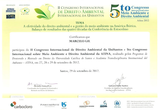 CERTIFICADO CONCEDIDO À MARCELO GIL - II CONGRESSO INTERNACIONAL DE DIREITO AMBIENTAL DA UNISANTOS