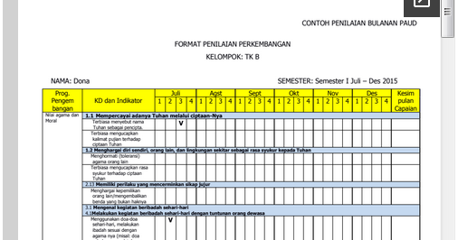 Format Penilaian Bulanan PAUD/TK Kurikulum 2013