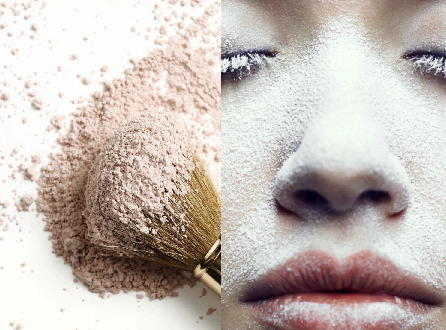 photo collage with woman's cakey face and loose powder product