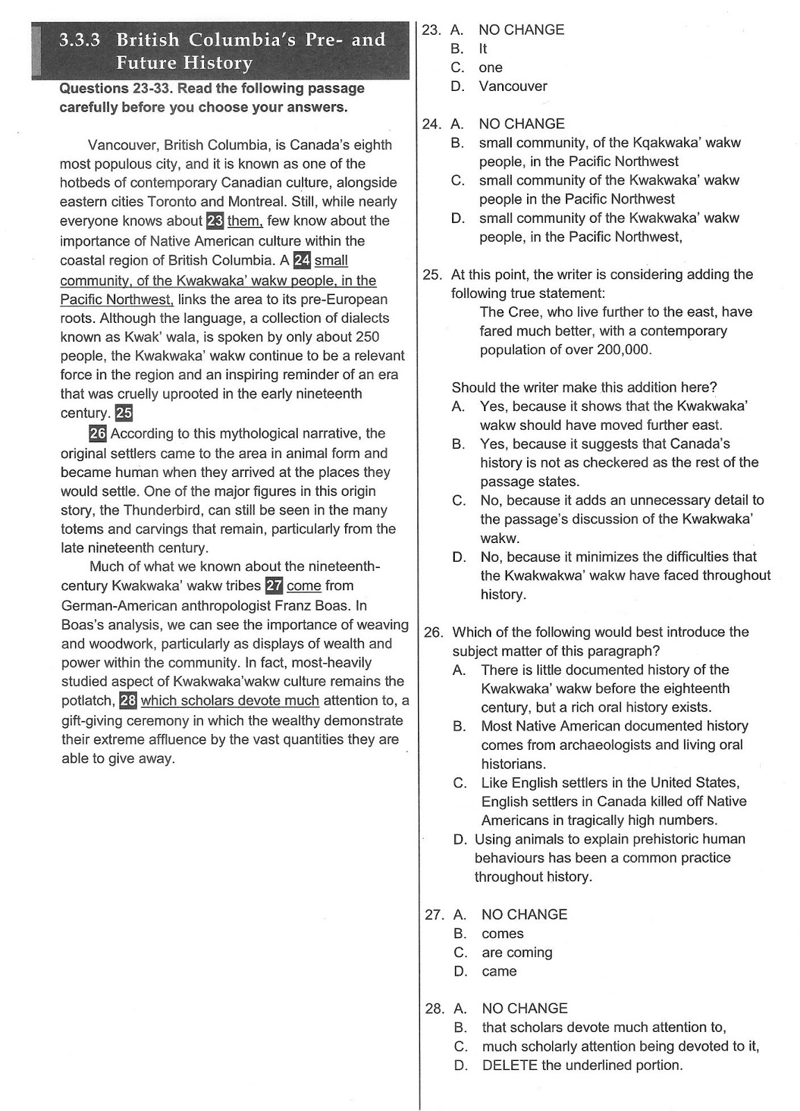 Writing and Language Section Test