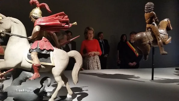 Queen Mathilde of Belgium visits the exhibition 'L'Homme, le Dragon et la Mort, La Gloire de Saint Georges' (The man, the dragoon and the Death, Glory of Saint Georges)