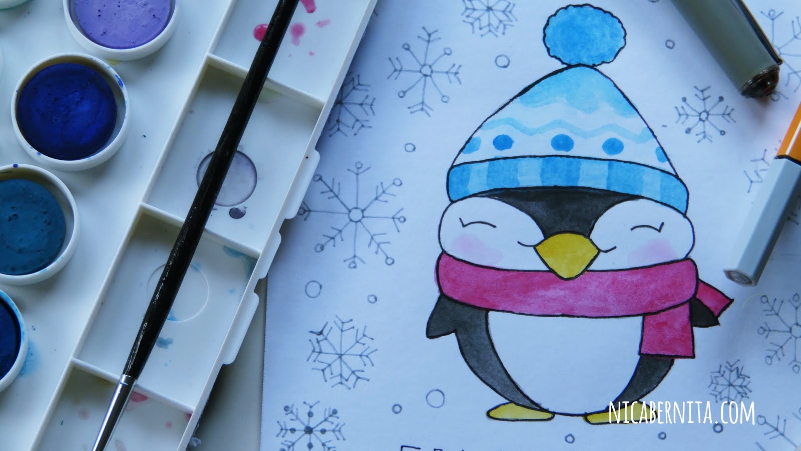 TARJETA DE NAVIDAD CON DIBUJO DE INVIERNO 🎄 PINGÜINO KAWAII CON ACUARELAS