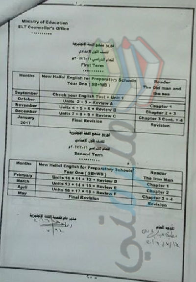 توزيع منهج اللغة الانجليزية للصف الأول الإعدادي 2017