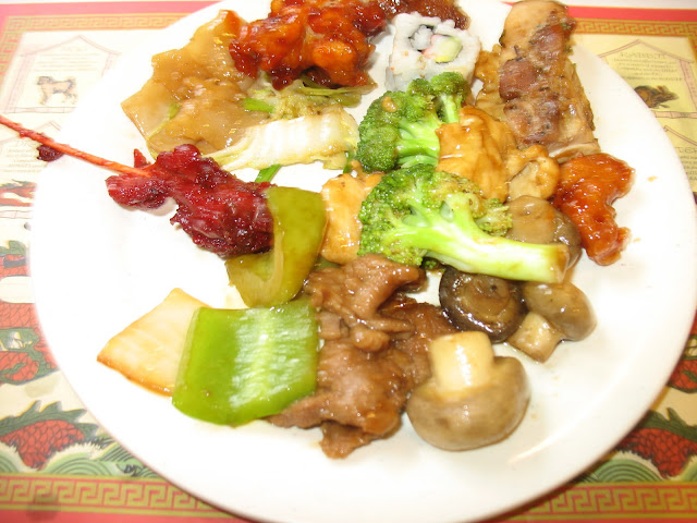 Pepper steak, mushrooms, sushi, Teriyaki chicken, Thai chicken