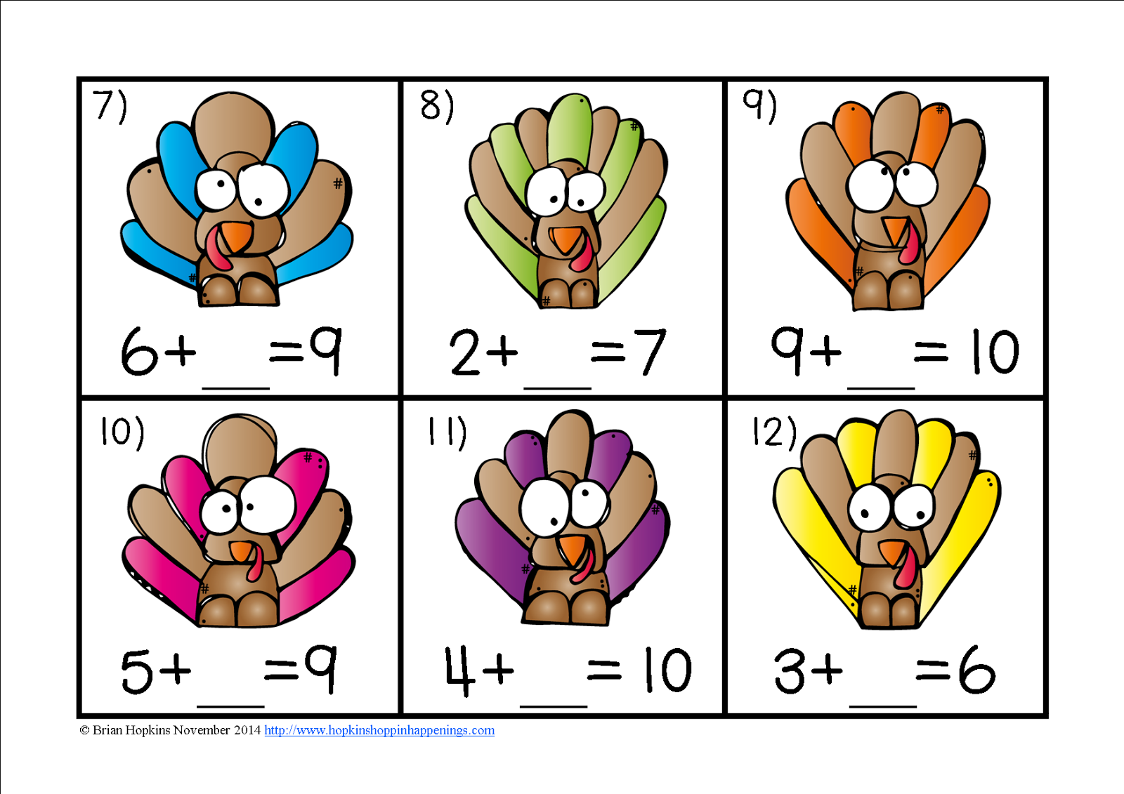 Classroom Freebies Too Turkey Missing Number Equations