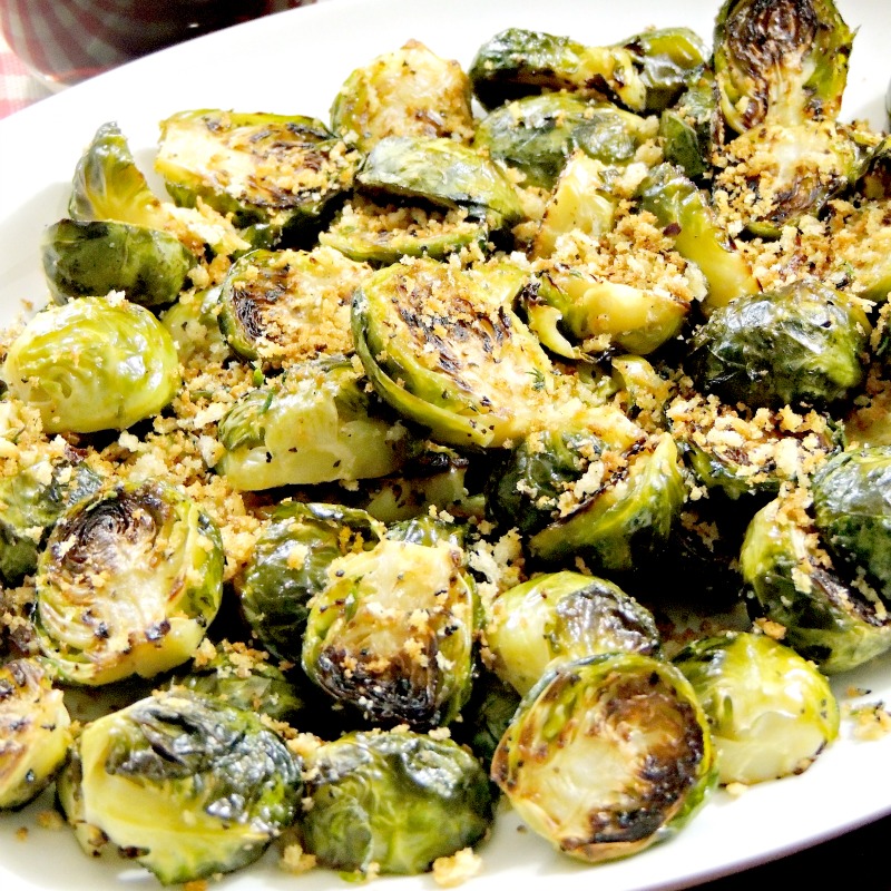 Tender Roasted Brussels Sprouts with Garlic and Herb Bread Crumbs from www.bobbiskozykitchen.com