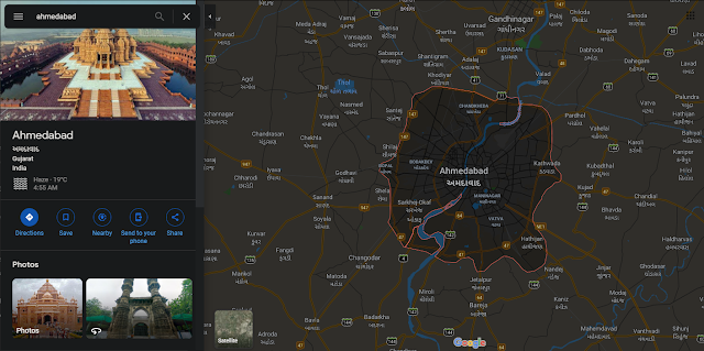 Screenshot of Ahmedabad on Google maps, showing images of the Akshardham temple in Gandhinagar