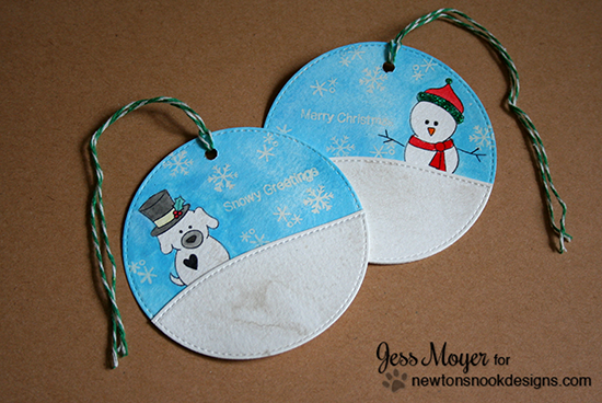 Snowman and Snow dog Christmas tags by Jess Moyer for Newton's Nook Designs - Flaky Family Snowman Stamp Set