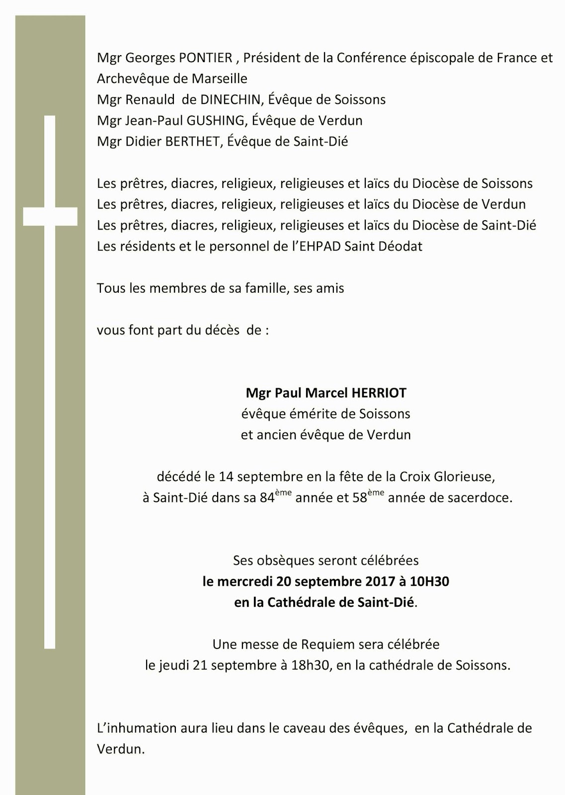 Paroisse SaintQuentin Notre Dame Fairepart de décès de Mgr HERRIOT
