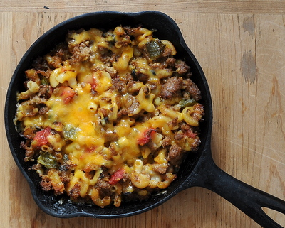 Hamburger Casserole ♥ KitchenParade.com, one-skillet weeknight comfort food, 'lightened up' and highly adaptable. Not a single can of mushroom soup in sight.